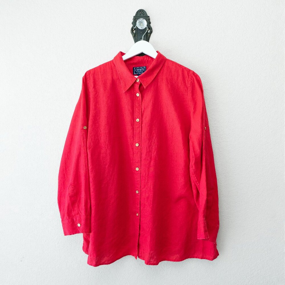 Chaps Red 100% Linen Button Up Shirt Womens 3X Gold Buttons Long Sleeve